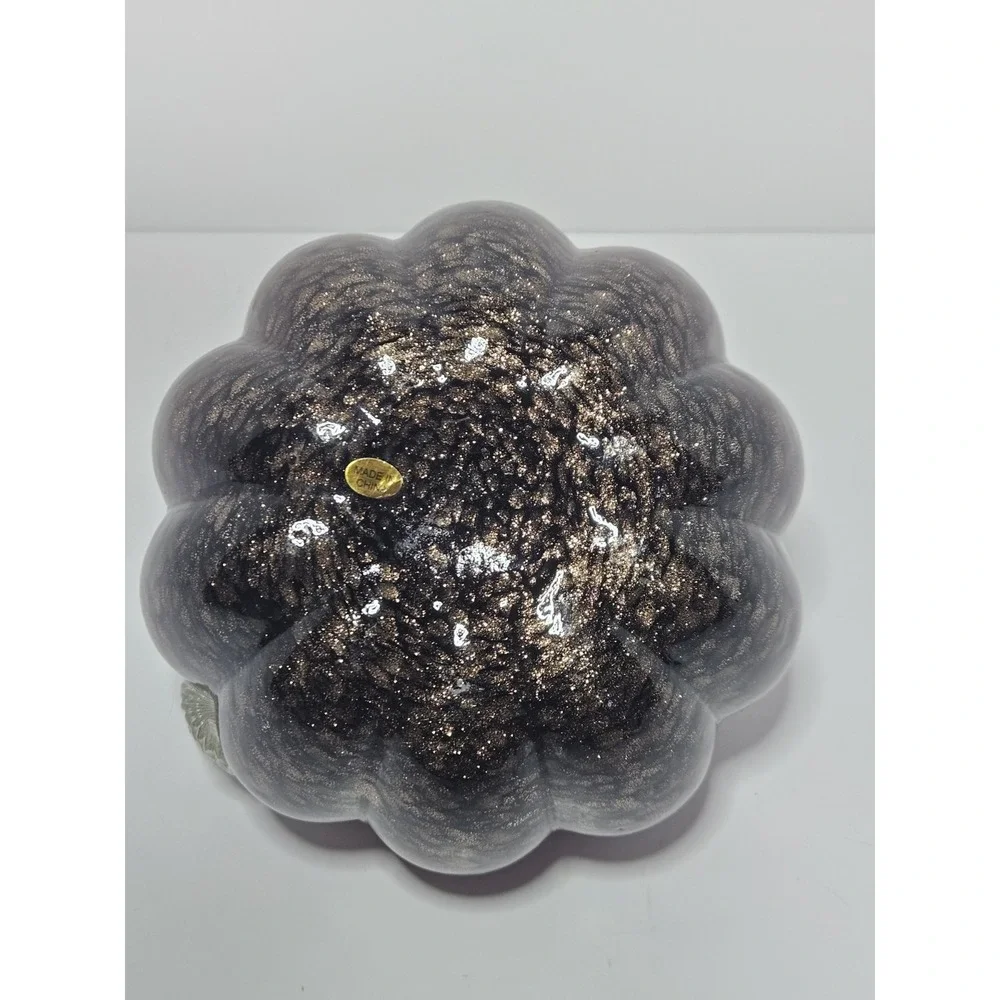 Maroon Hand Blown Glass Pumpkin Speckled Gold Glitter Curled Clear Stem Fall 6in